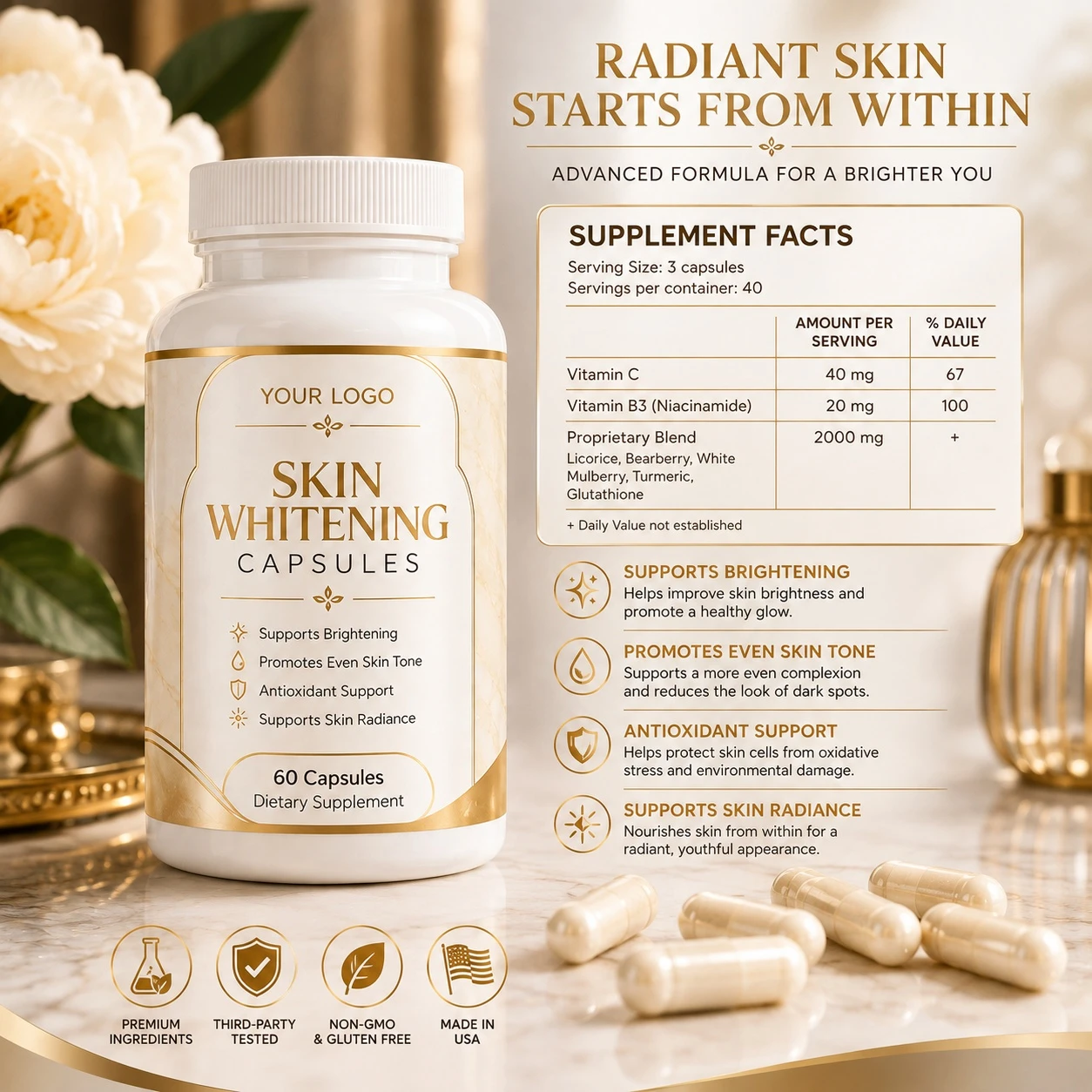 OEM ODM Skin Whitening Capsules Glutathione Brightening Skin Care Supplement OEM ODM Skin Whitening Capsules Glutathione Brightening Skin Care Supplement